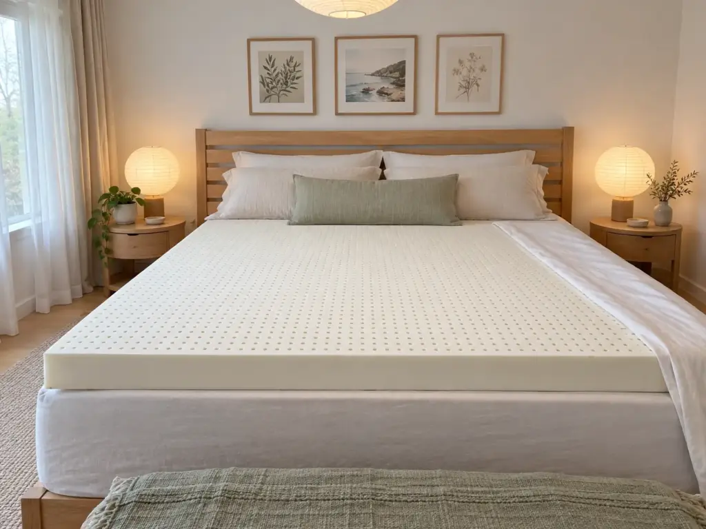 A thick natural latex topper lying on a queen mattress with the flat sheet folded off one side to show its surface and edge