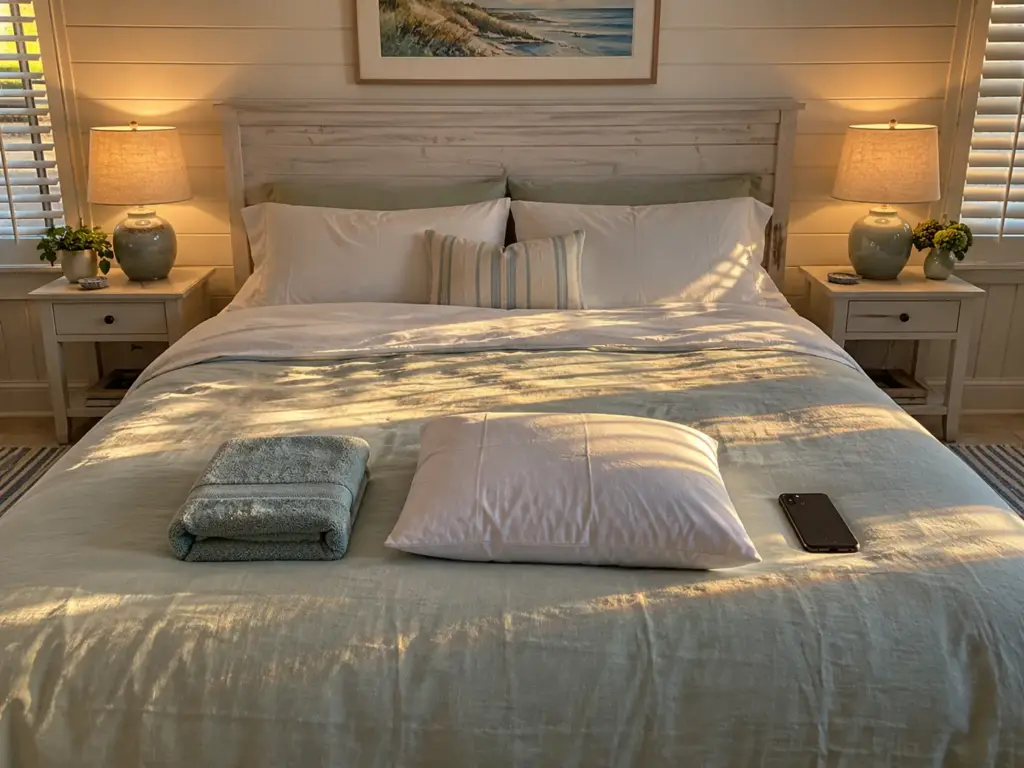 At the foot of a made queen bed, a folded hand towel, a spare pillow and a phone laid out side by side on the duvet