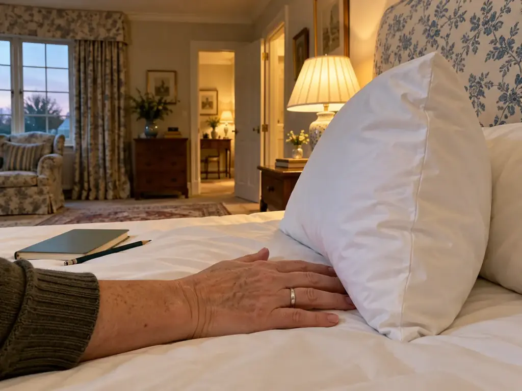 A hand laid flat on a mattress beside an upright pillow, showing how high the pillow stands, a notepad and pencil nearby