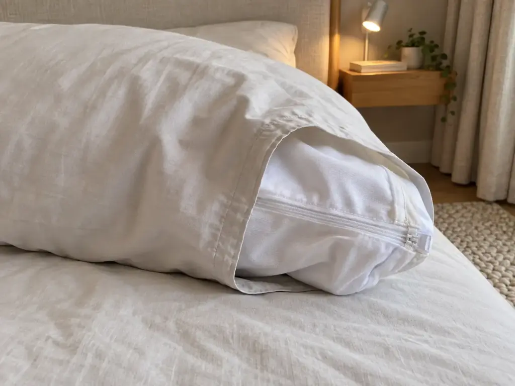 The open end of a pillowcase with the protector's zipper end showing inside, creeping half out of the case