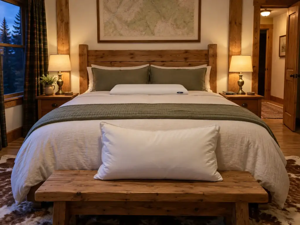 Thin foam pillow lying low on a made bed while the tall pillow it replaced sits on a pine bench at the foot
