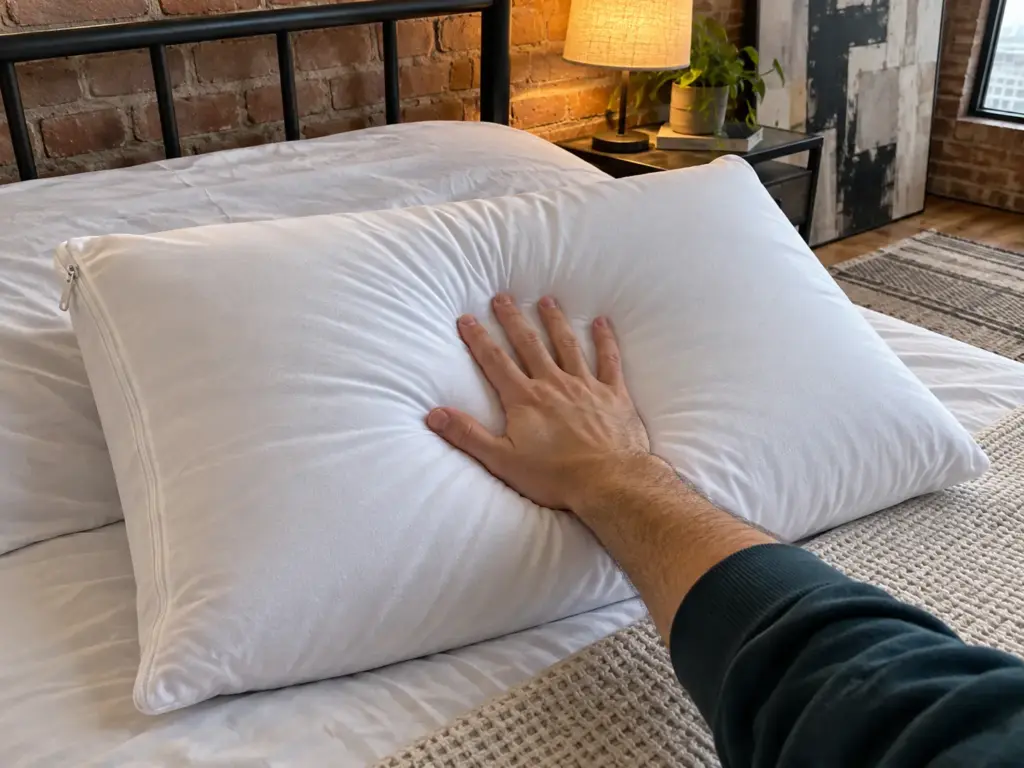 A hand presses a knit pillow protector zipped around a pillow, the surface taut and rounded at the zipper end