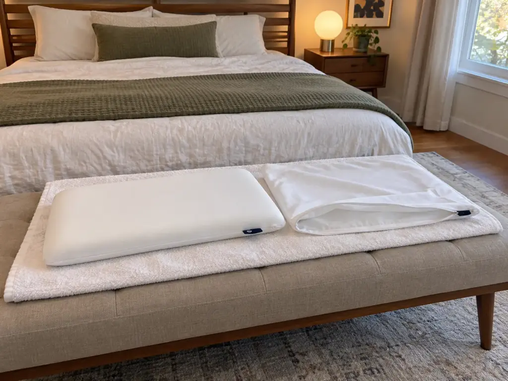 Slim foam pillow core lying on a folded towel beside its removed cover on a bench at the foot of a bed