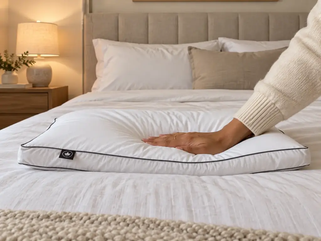 Hand pressing a soft microfiber down-alternative pillow flat on a made bed to show how thin it compresses