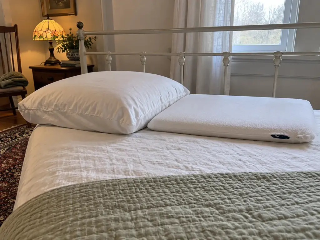 Thin flat gel foam pillow beside a thick bed pillow on a made bed, showing the difference in height