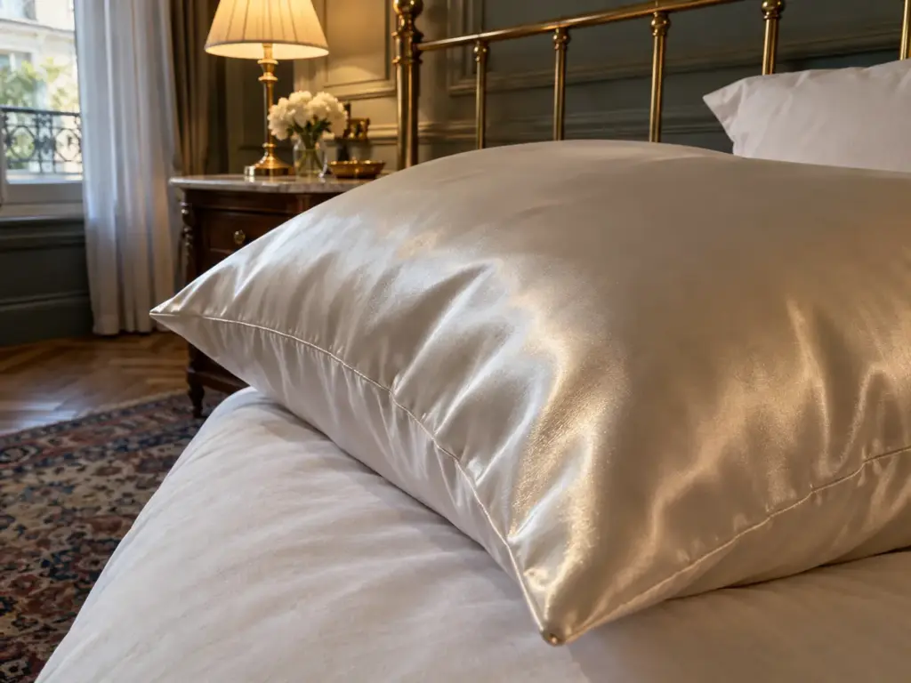 Close view of a silk pillowcase on a pillow corner with the sheen catching light from a window