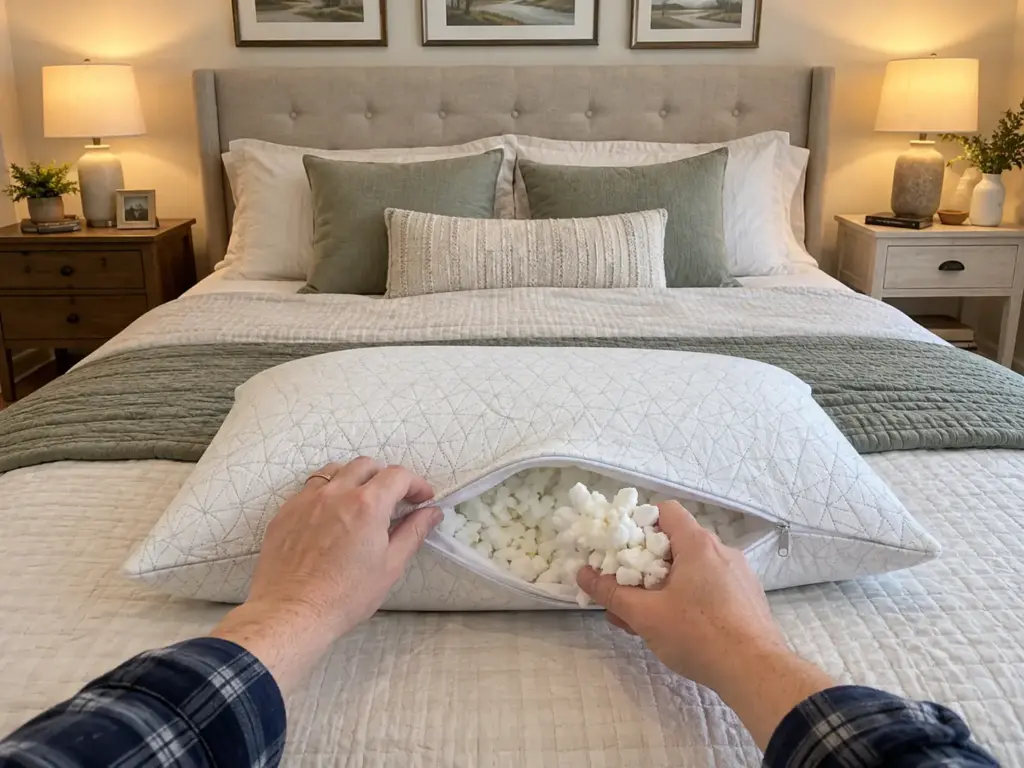 Hands opening the zipper of an adjustable pillow and lifting out shredded foam fill on a made queen bed