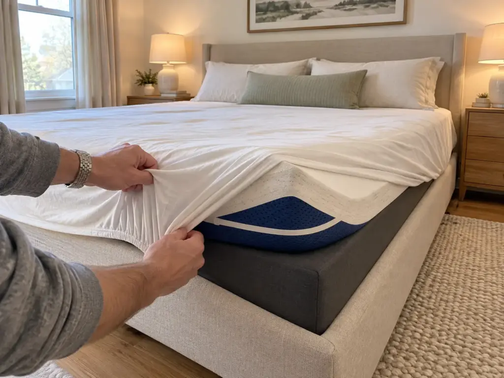 A man's hands pull a deep-pocket percale fitted sheet over the corner of a thick memory foam topper on a queen mattress