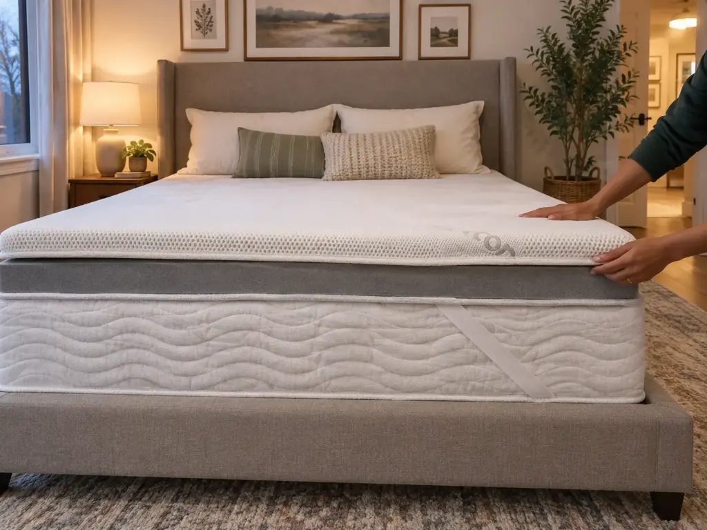 Hands lay a thin natural latex layer over a thick foam topper at the foot corner of a queen bed, its edge a pale stripe