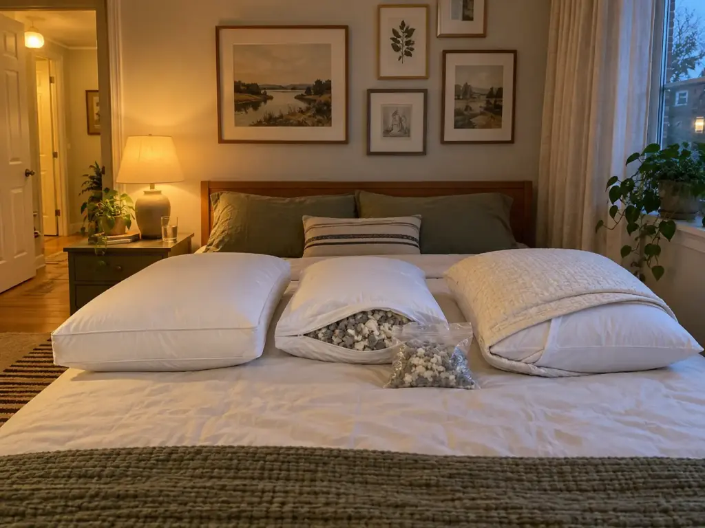 Three affordable side-sleeper pillows laid in a row on a bed, one with a boxed edge, one unzipped with loose fill beside it