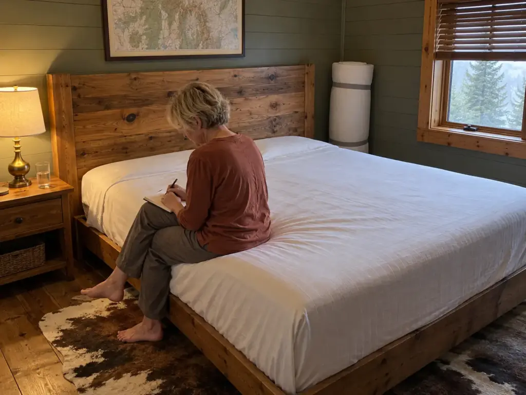 A woman sitting on the edge of a bare mattress under a fitted sheet writing in a notebook, a foam topper rolled by the wall