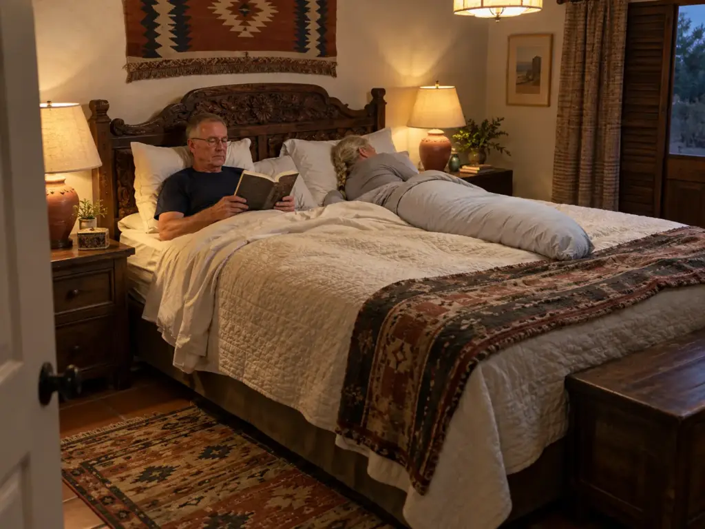 Couple in their sixties in a queen bed, she on her side with her knees on a long pillow, he reading on his back beside her