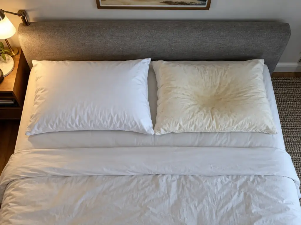 Two pillows side by side on a made bed seen from above, one plump and white, the other flat with a yellow cast