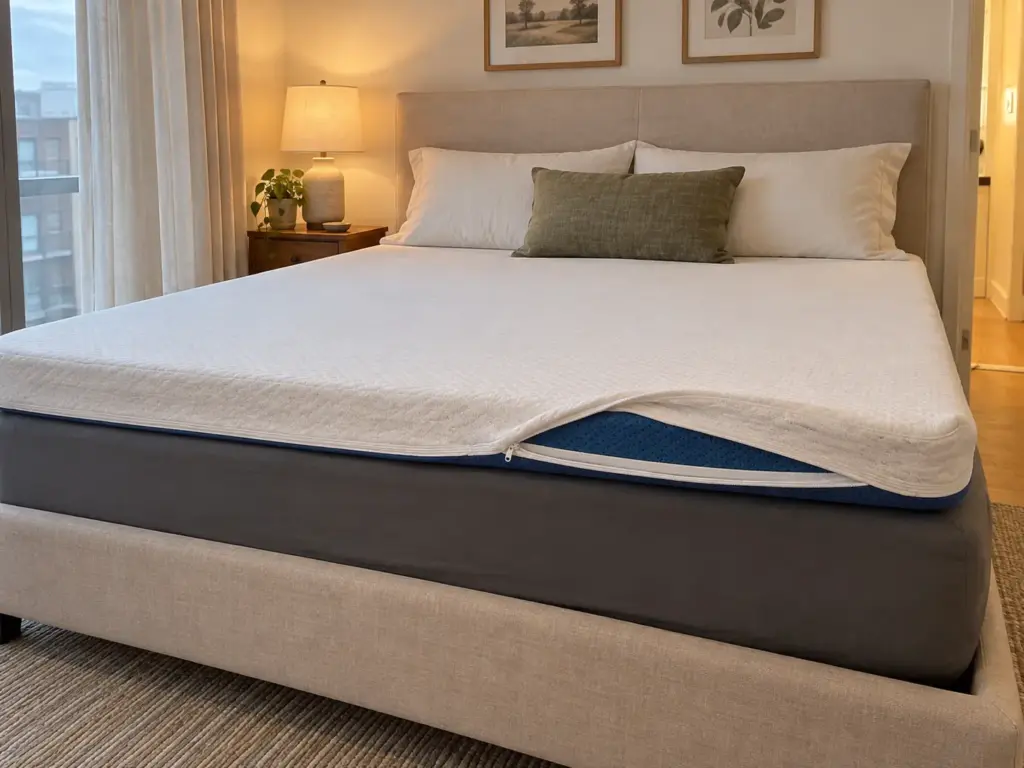 A gel memory foam topper on a mattress with its removable cover unzipped along one side to show the foam inside