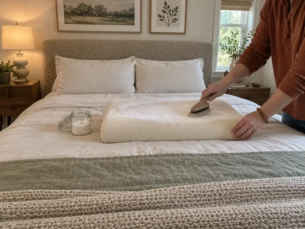 Hands brushing a thin layer of baking soda across a memory foam pillow with a soft brush, a small jar beside it