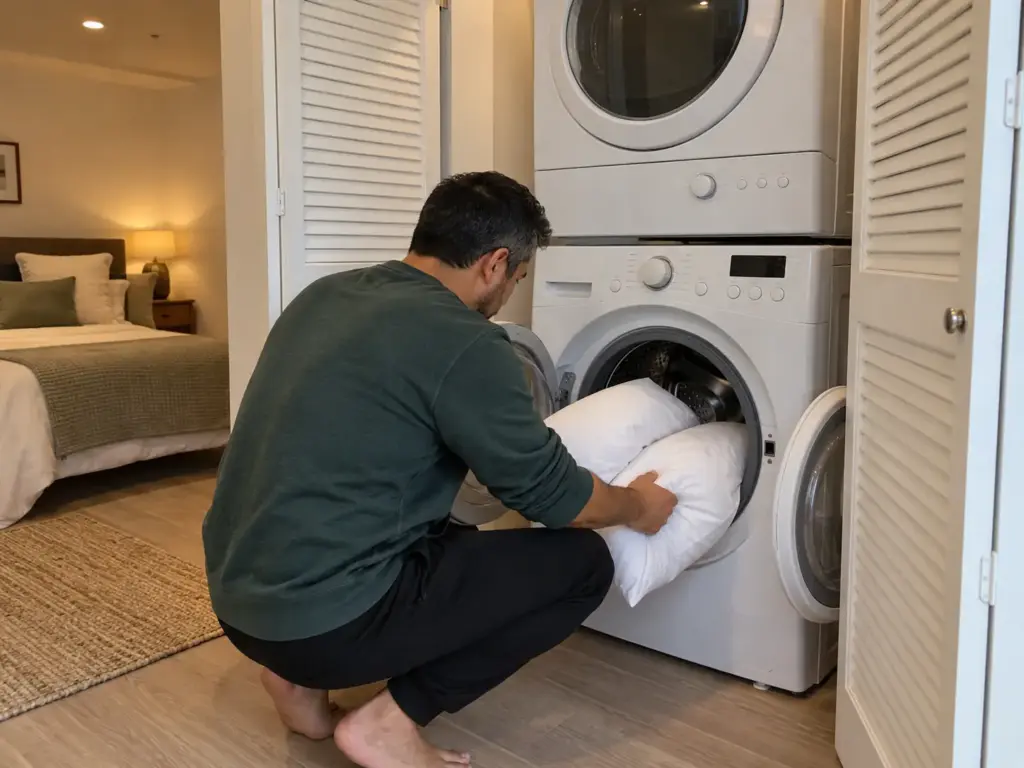 A man crouches at an open closet and loads two white pillows into a front-loading washer, seen from behind