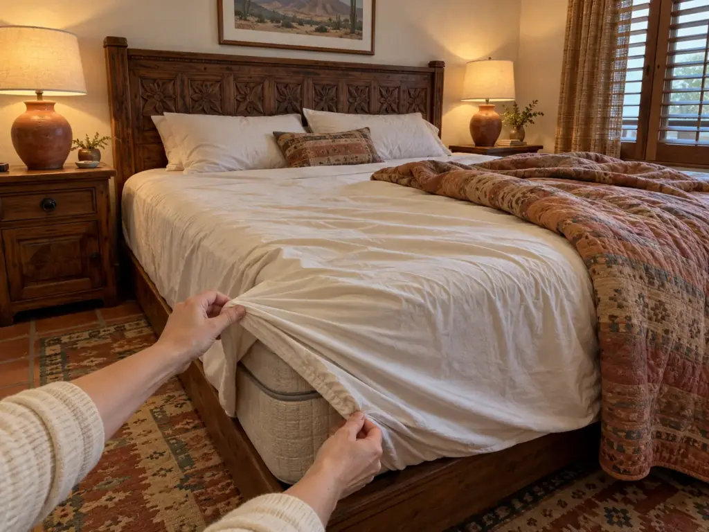 Hands lifting a fitted sheet corner that has pulled off the mattress at the foot of a queen bed, comforter pushed to one side