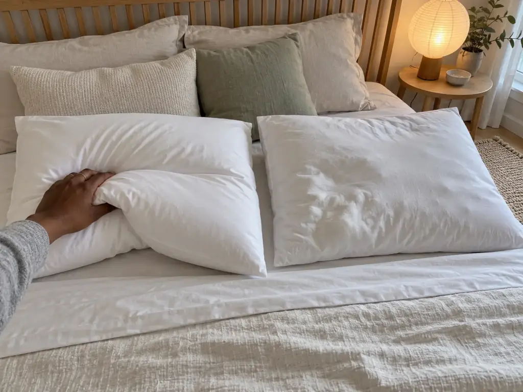 Two dry pillows on a made bed, one smooth and one with small clumps in the fill, a hand folding the smooth one