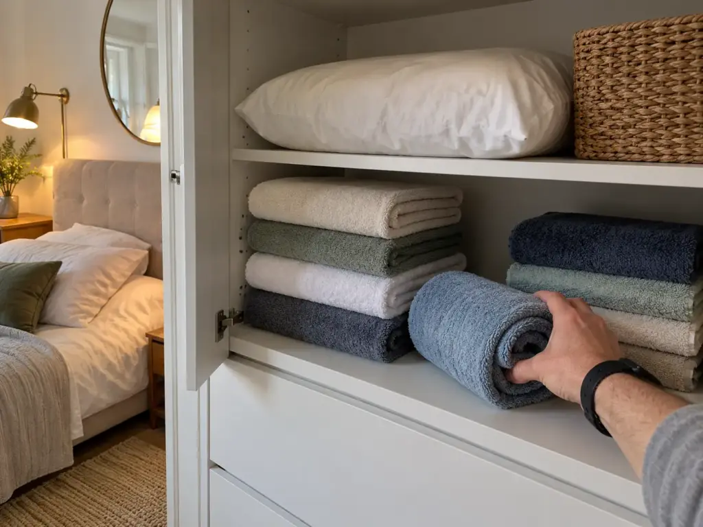 A hand setting a rolled towel back on a wardrobe shelf beside folded towels and a spare pillow in a small bedroom