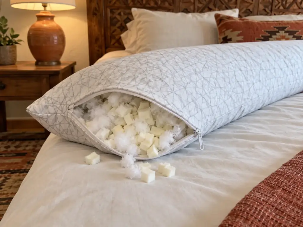 Body pillow with its zipper opened a hand's width at one end to show the shredded memory foam and microfiber fill inside