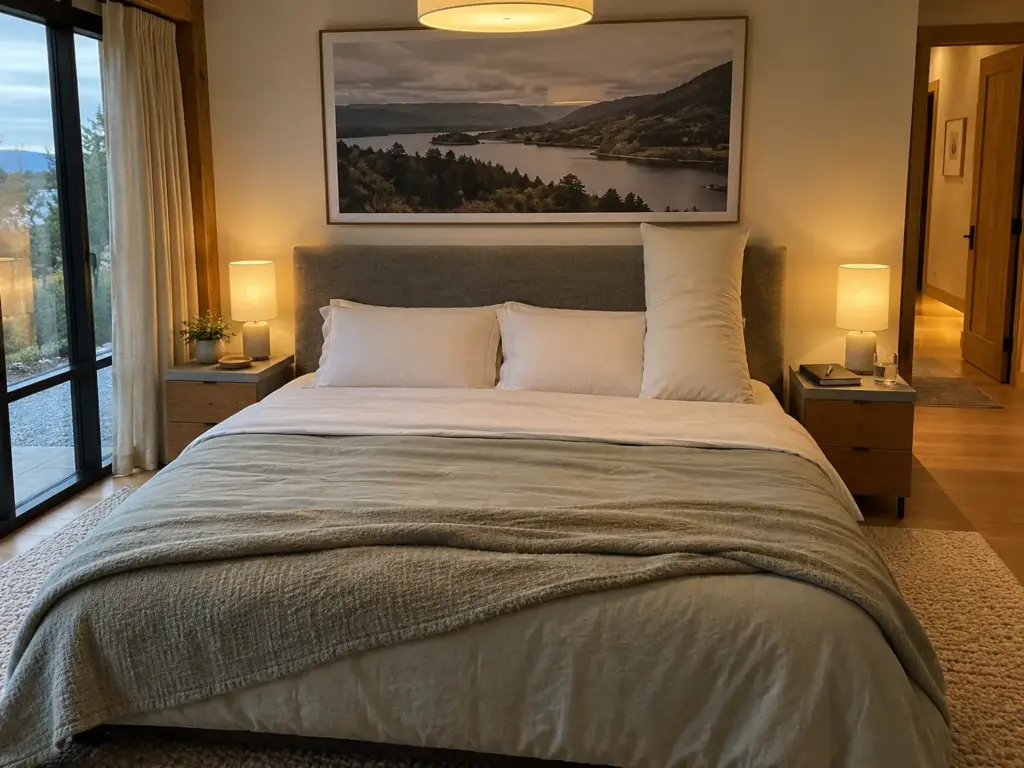 Made queen bed with a long pillow standing upright against the headboard and a closed notebook on the nightstand