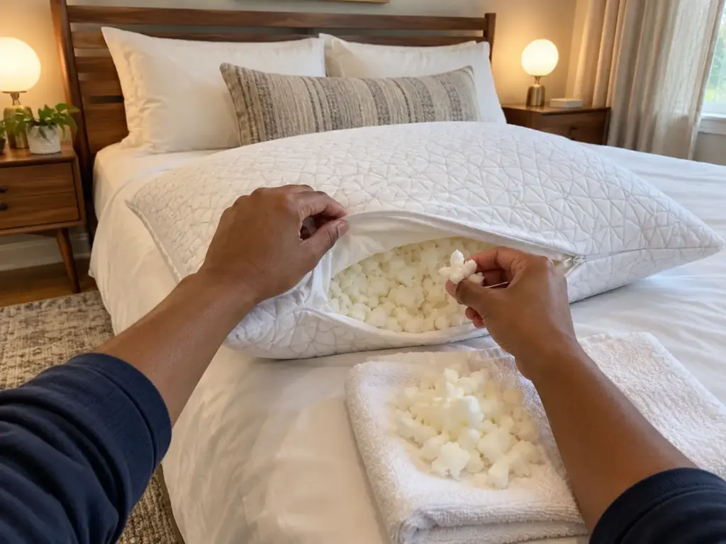 Adjustable pillow with its zip open on a made bed and a handful of loose shredded foam fill beside it