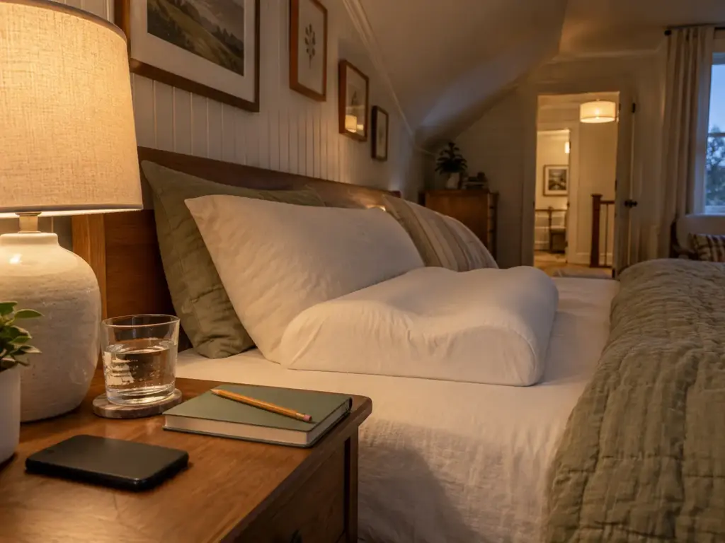 Nightstand with a lit lamp, a glass of water, a closed notepad with a pencil and the edge of a contoured pillow on the bed