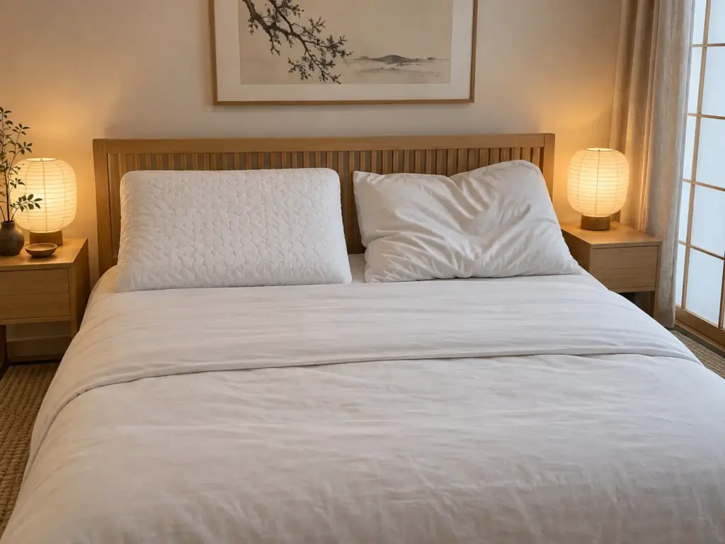 One-piece foam pillow standing square beside a shredded-fill pillow slumped with its fill pooled at one end