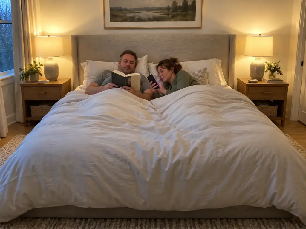 A couple reading in bed, the woman drifted close to the man where the duvet settles into a hollow in the middle
