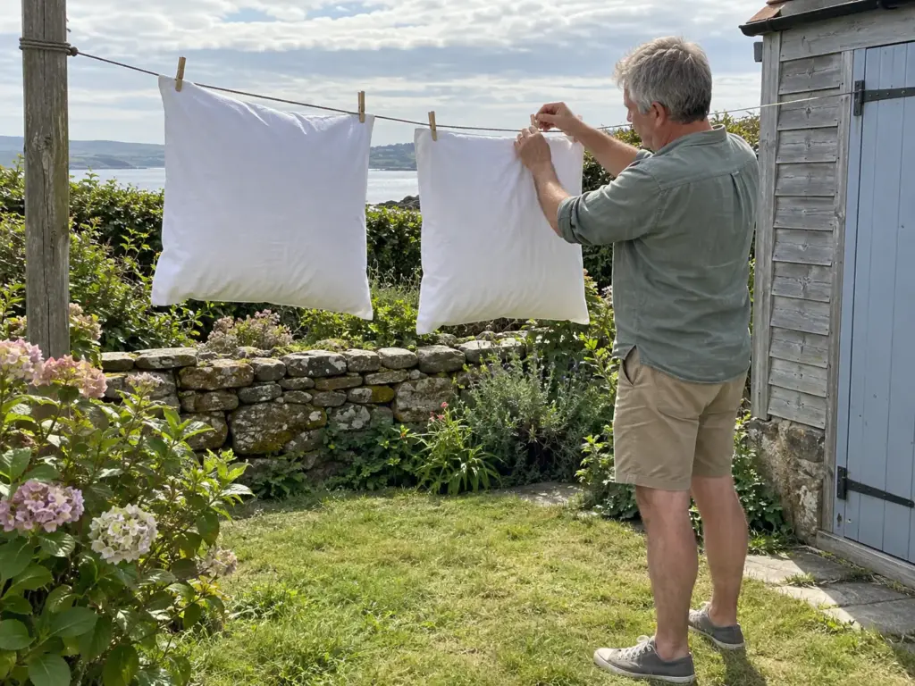 A man pinning a pillow in a white cotton case to a clothesline in a cottage garden to finish drying