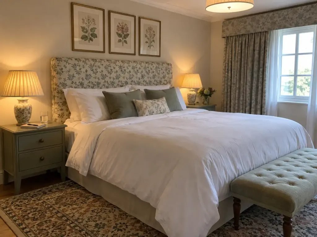 A bedside table with a closed notebook, a pen and a glass of water beside the edge of a neatly made bed