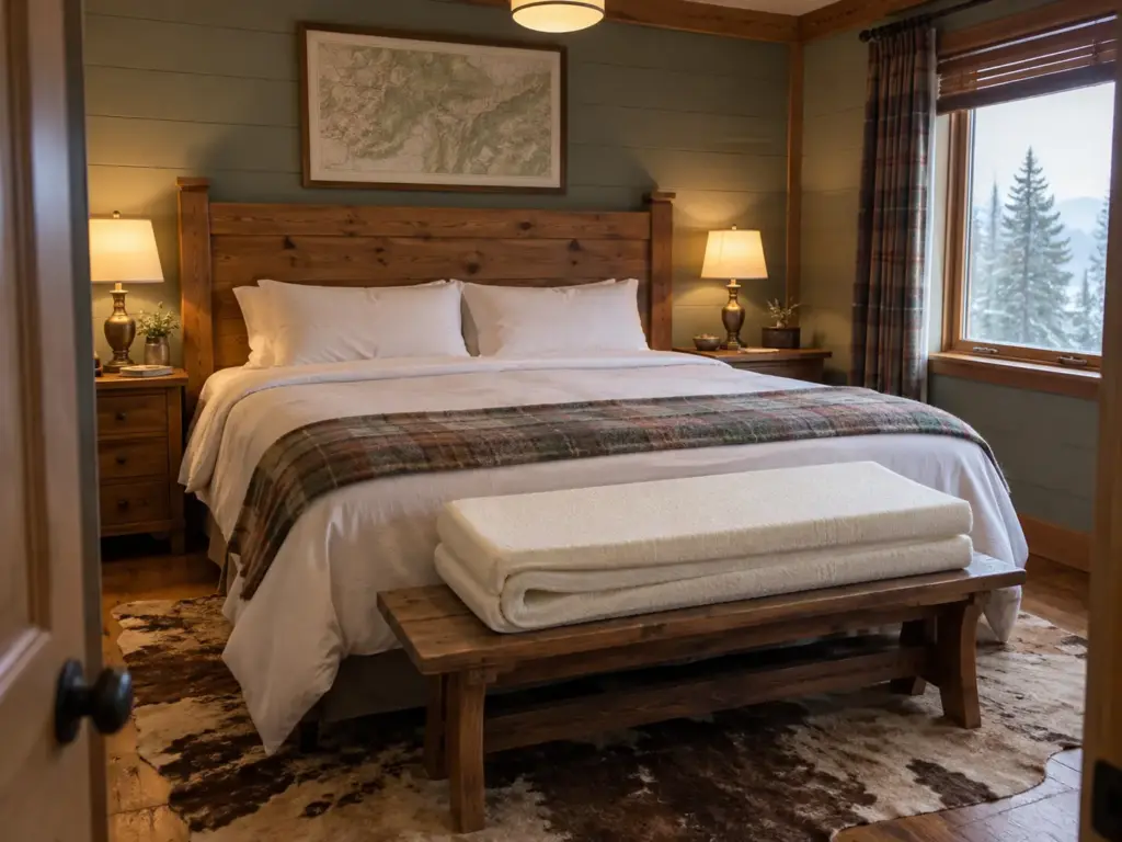 A made queen bed with only a fitted sheet and a foam topper folded in thirds on the bench at its foot