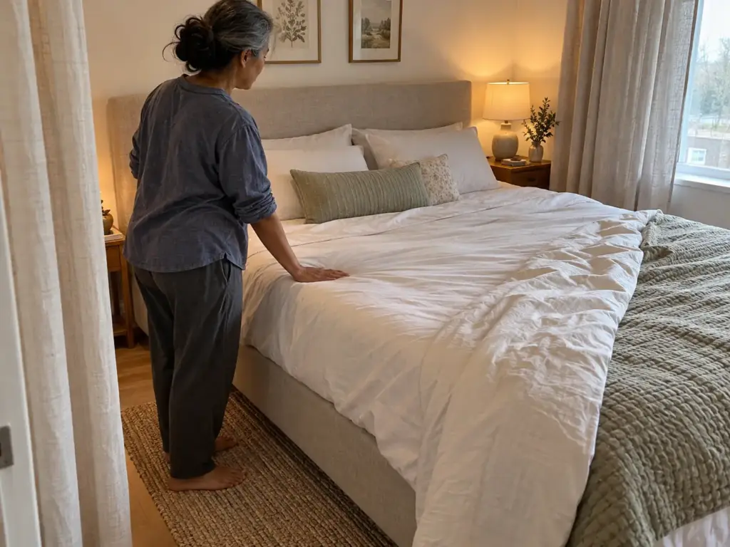 A woman stands by a made queen bed with one hand flat on the sheet over the topper to feel whether it holds warmth
