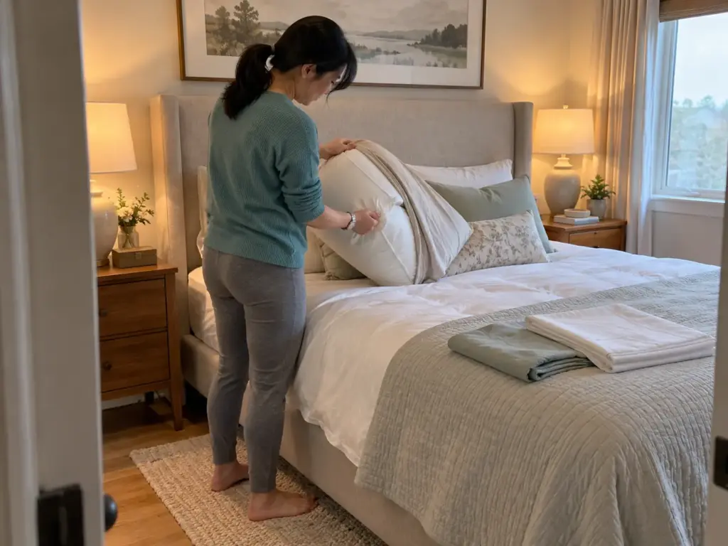 A woman pulling a pillowcase off a pillow at the head of a bed on a Sunday morning, the protector zipped underneath