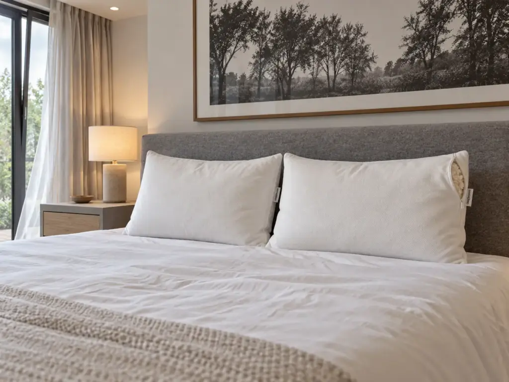 Two shredded latex pillows airing on a made bed beside an opened window in a bright garden-room bedroom