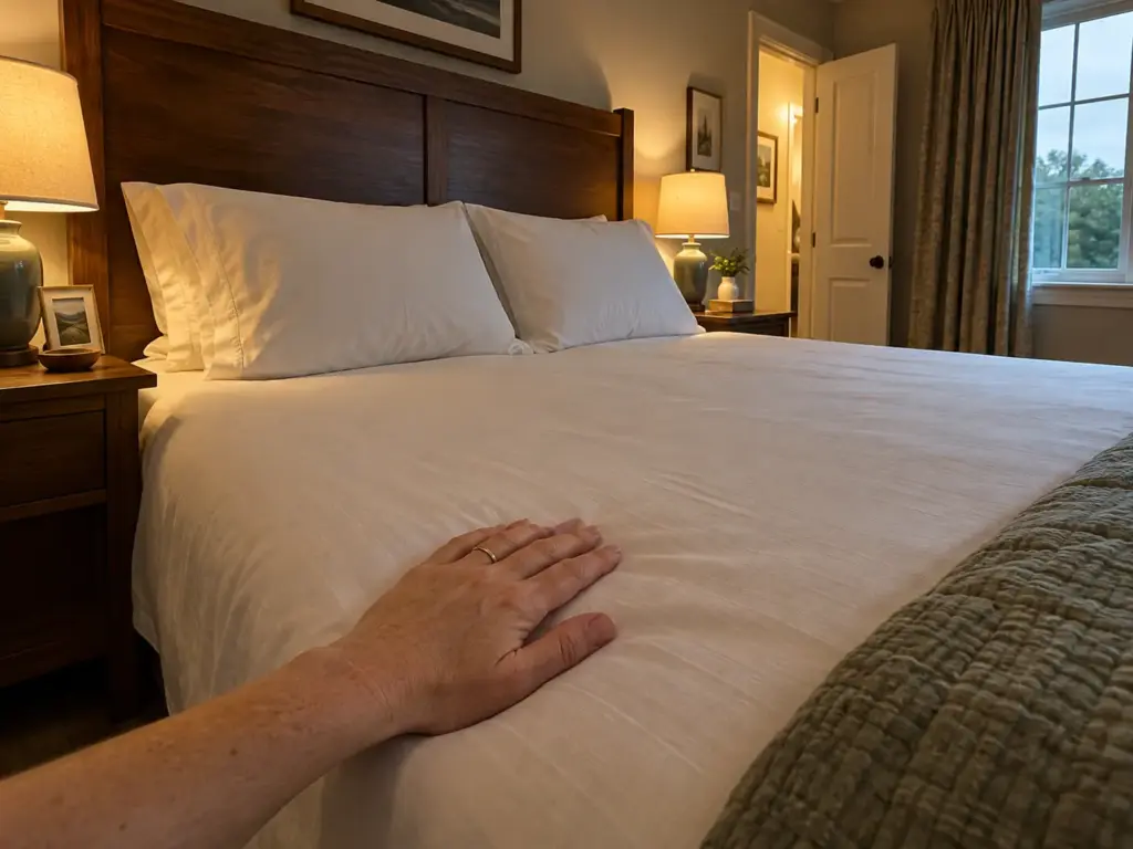 A hand resting flat on the fitted sheet in the middle of a made queen bed, a thick layer under the fabric