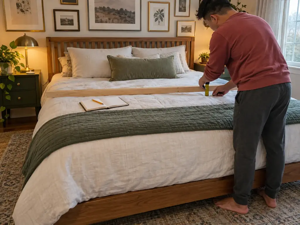 A man lays a straight board across a mattress topper and measures the gap beneath it with a tape measure on a queen bed
