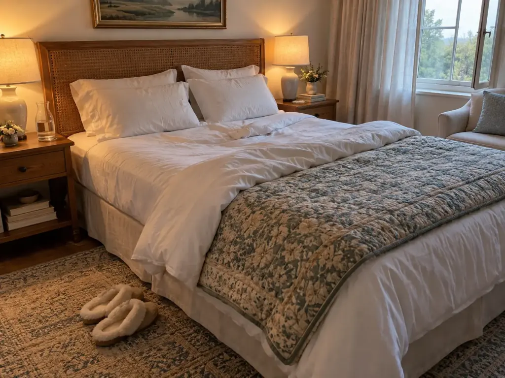Empty side of a queen bed in the morning with the duvet turned back and slippers on the rug beside the edge