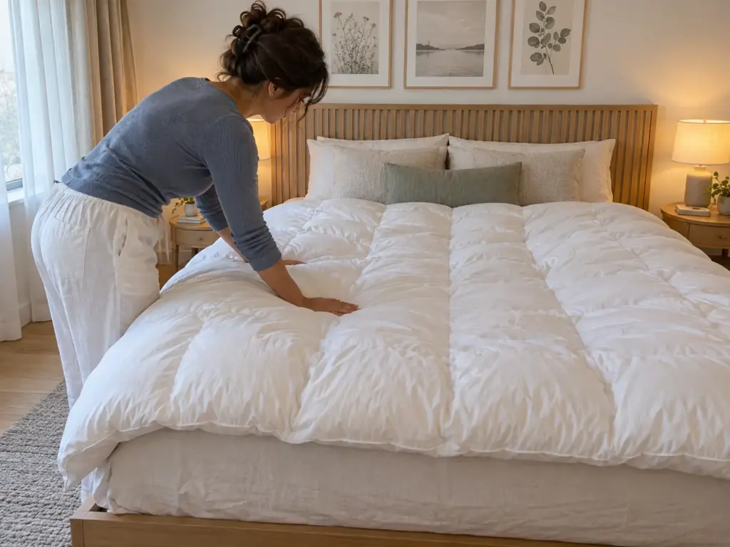 A woman at the side of a queen bed pats a thick feather-and-down layer to spread the fill back across the middle of the bed