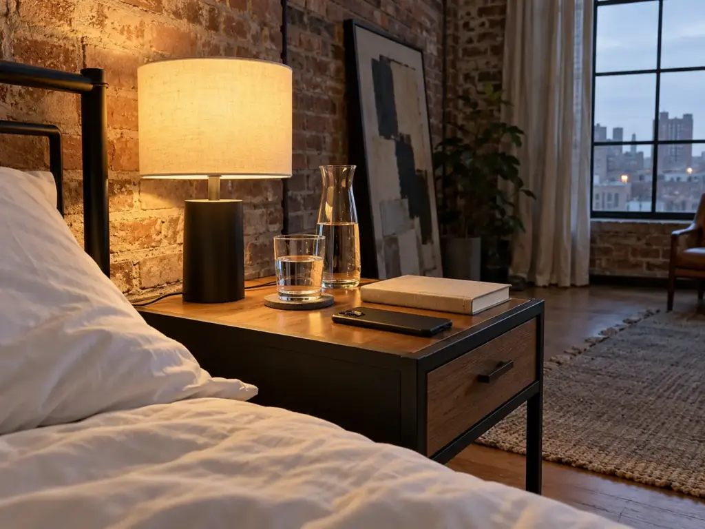 Nightstand with a lit lamp, a glass of water, a phone face down and a closed book beside a made bed