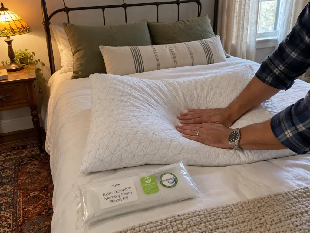 Hand pressing the middle of a shredded foam pillow that has dished, with an unopened bag of extra fill beside it