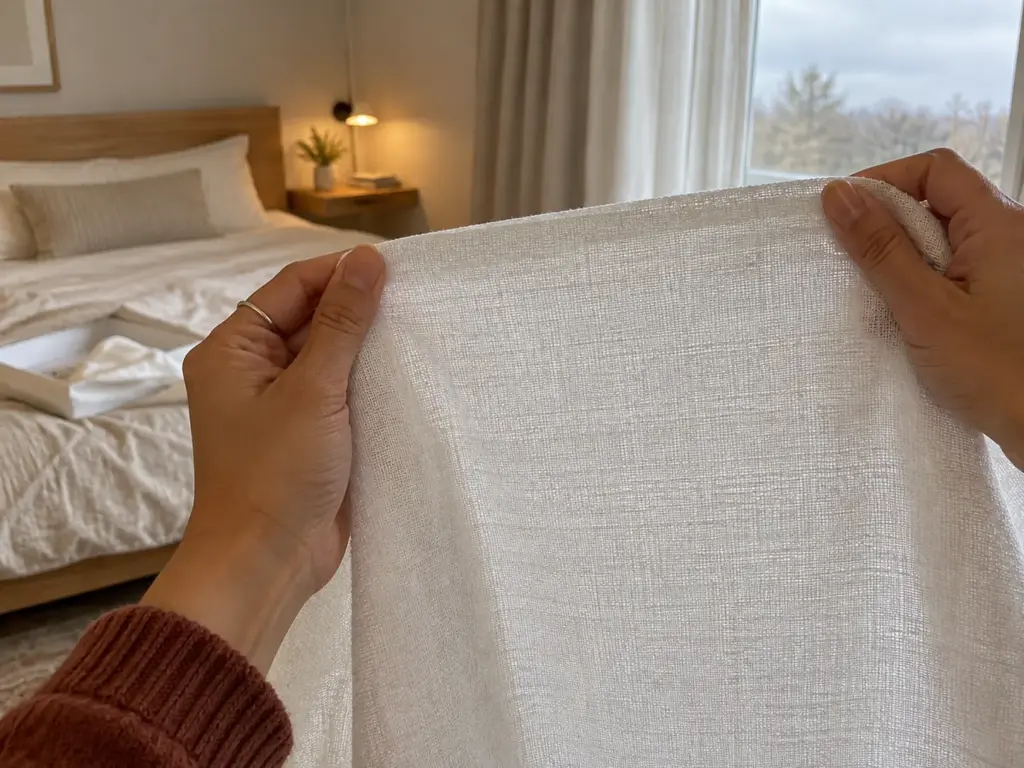 Hands holding a white protector fabric up to a bright window so the weave shows through