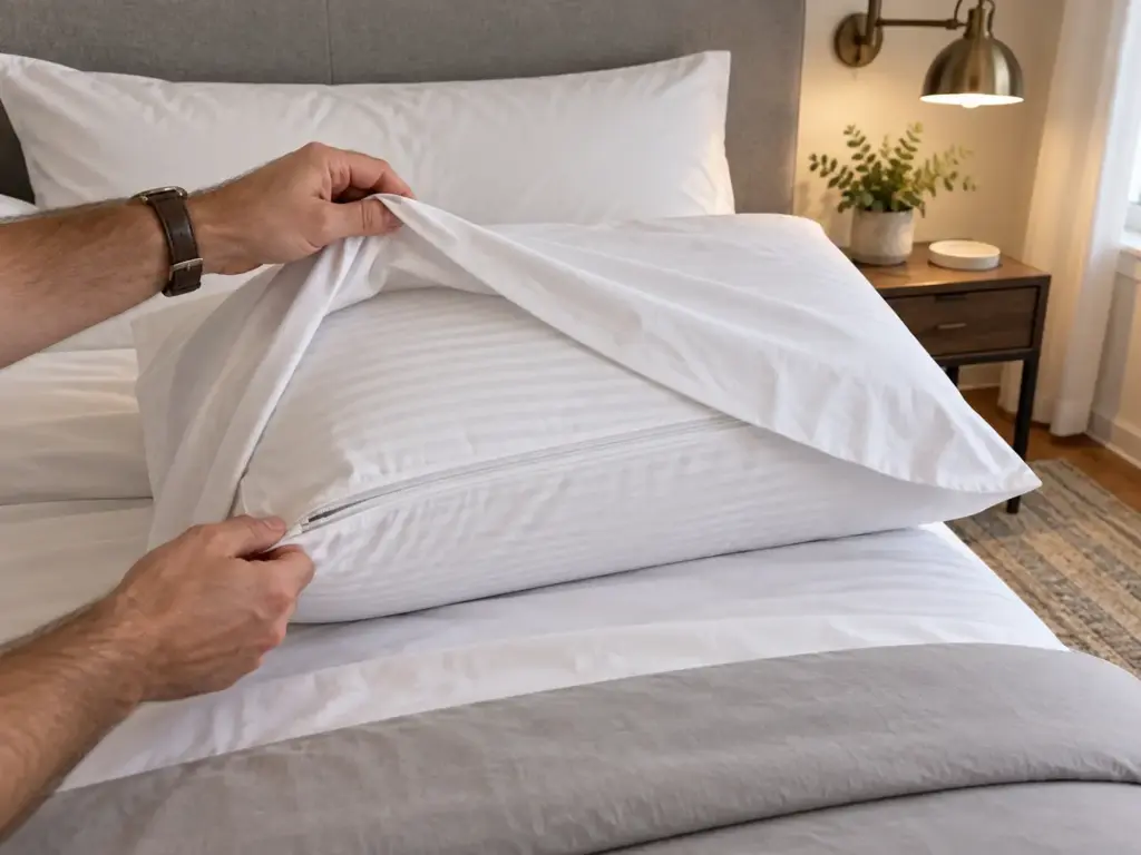 Hands drawing a pillowcase back to show a white zippered cotton pillow protector underneath on a made bed