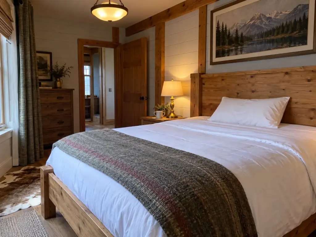 Neatly made bed with a single pillow in morning light and the window open a hand's width