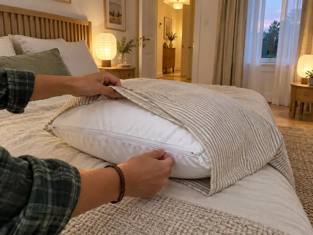 Hands pulling a cotton case over a pillow already in a zipped white protector, the zipper tape visible along the edge