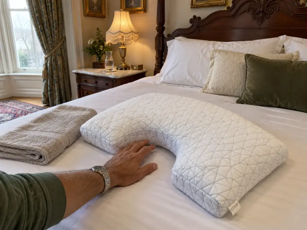 Fingertips tracing the cut-out edge of a memory foam pillow on a made queen bed in a Victorian bedroom