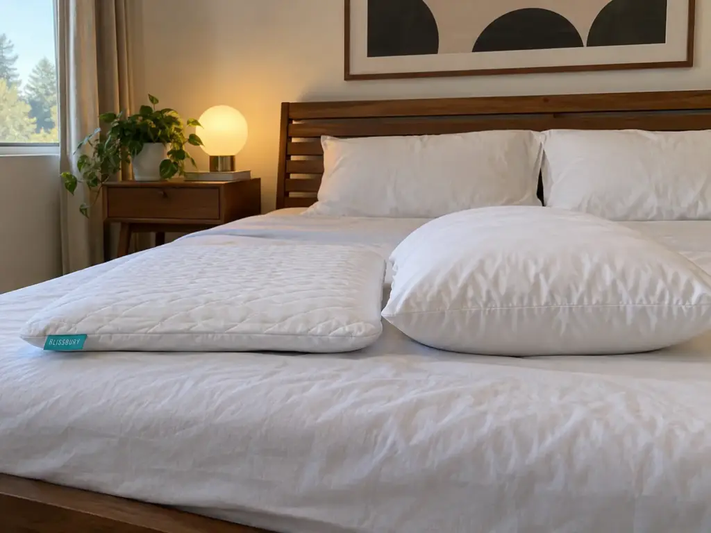Thin flat foam pillow lying beside a taller soft pillow on a made bed in a mid-century bedroom