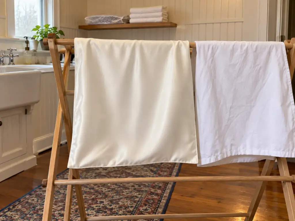 Ivory silk pillowcase draped over a wooden drying rack in a laundry room with a folded mesh laundry bag on the shelf