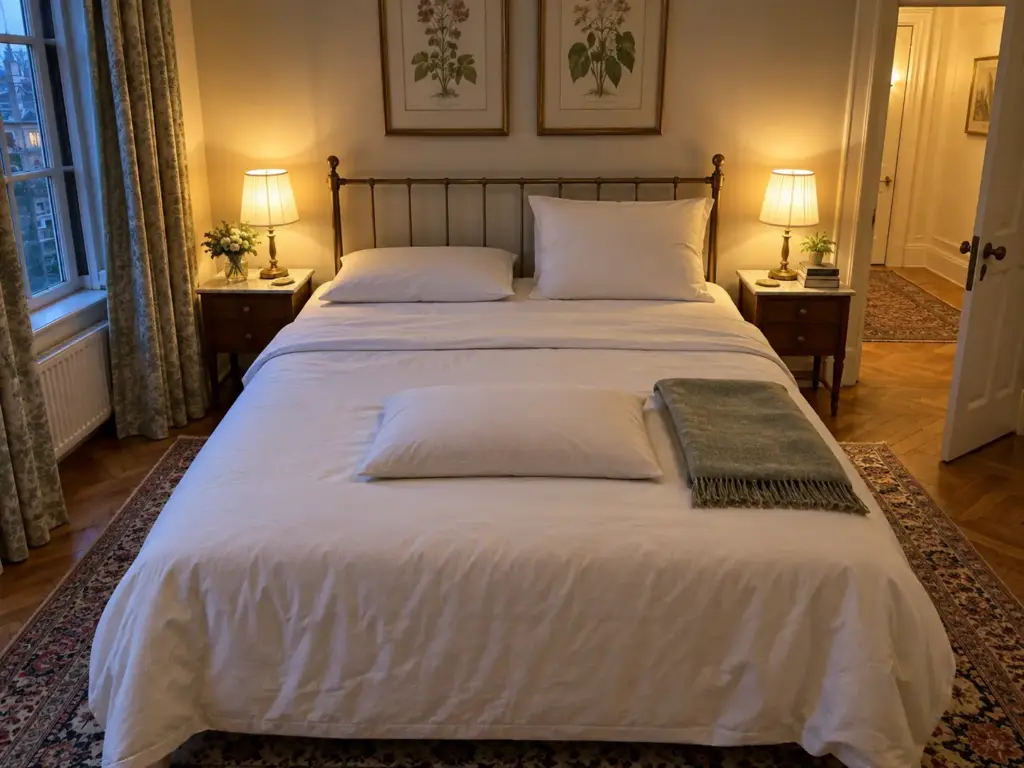 Made bed from above with a thin flat pillow and a tall pillow at the head and a third flat pillow lying across the mattress