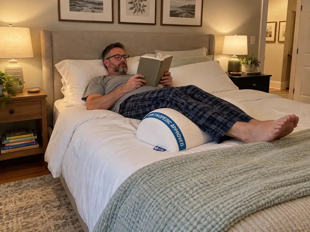 Man lying on his back on a queen bed reading a paperback with a half-moon bolster under his knees